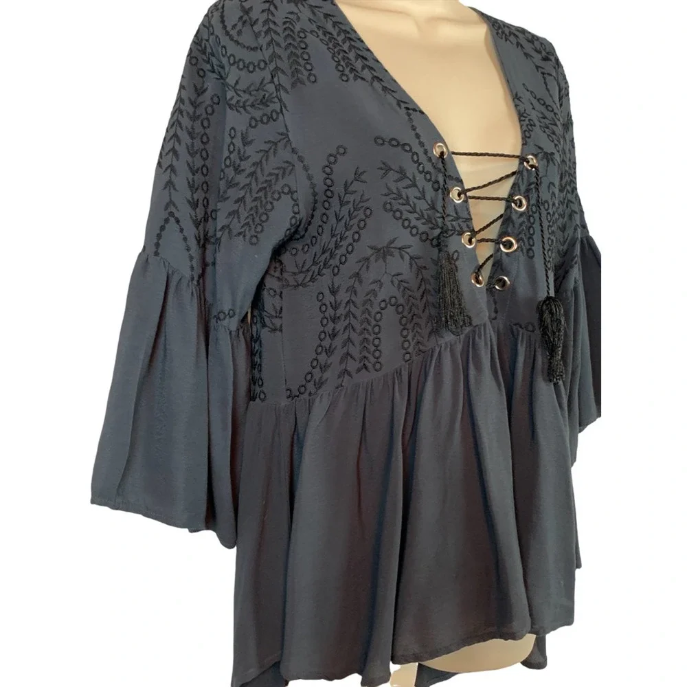 Flowers Of Romance Womens Blouse Black Bell Sleeve V Neck Tassel Embroidered XS - Picture 3 of 9